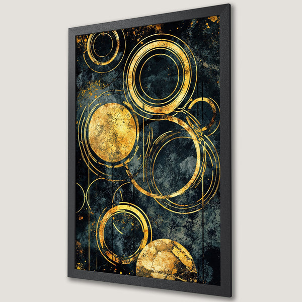 Framed Poster featuring abstract gold circles on a dark, textured background. Modern art print with a luxurious, gold and teal color palette.