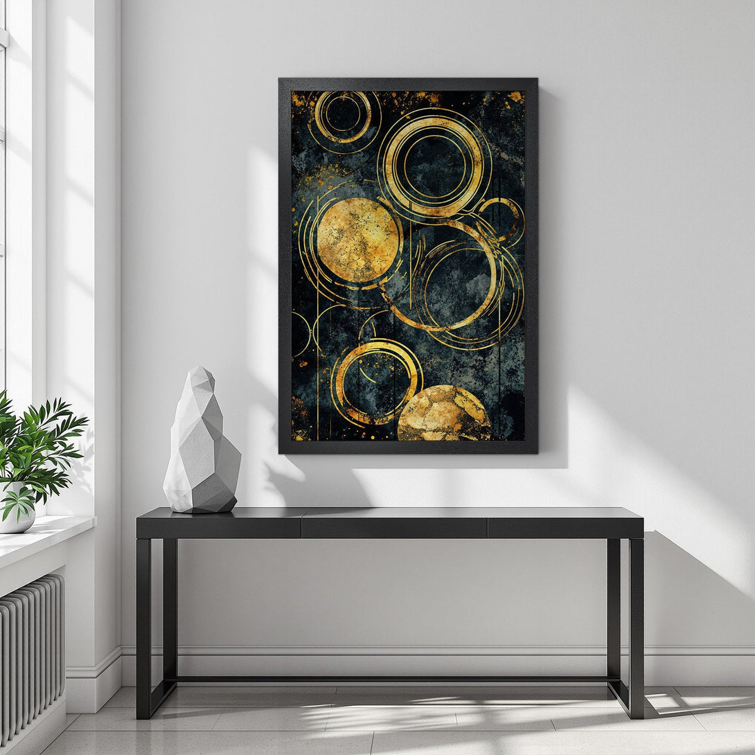 Framed Poster featuring abstract gold circles on a dark teal background. Modern art print perfect for adding a touch of elegance to any space.