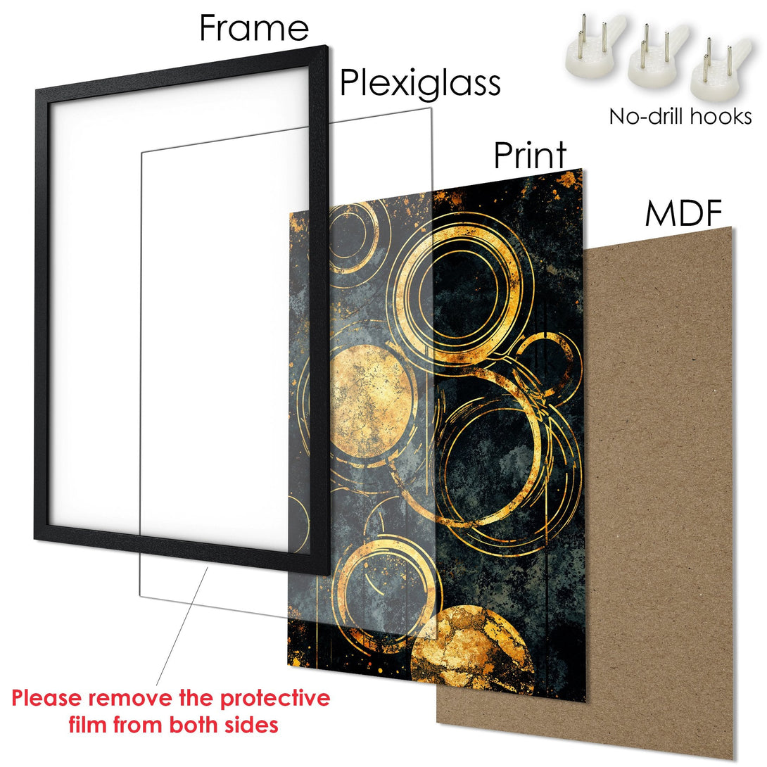 Framed Poster featuring abstract gold circles on a dark, textured background. Modern art print with a black frame.