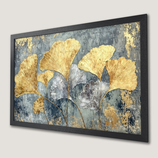 Framed Poster featuring gold and silver ginkgo leaves on a textured gray background. Modern art for home decor.