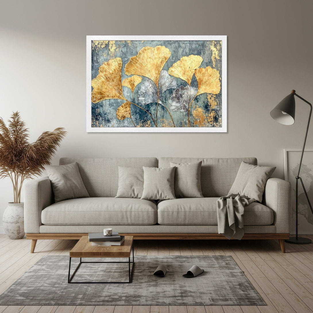 Framed Poster featuring gold leaf botanical art. Modern style, teal, gold, and silver color palette. Elevate your space with this stunning artwork.
