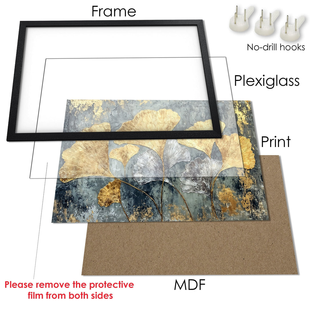 Framed Poster featuring gold leaf art on a textured grey background. Modern style, neutral color palette. Elevate your space!
