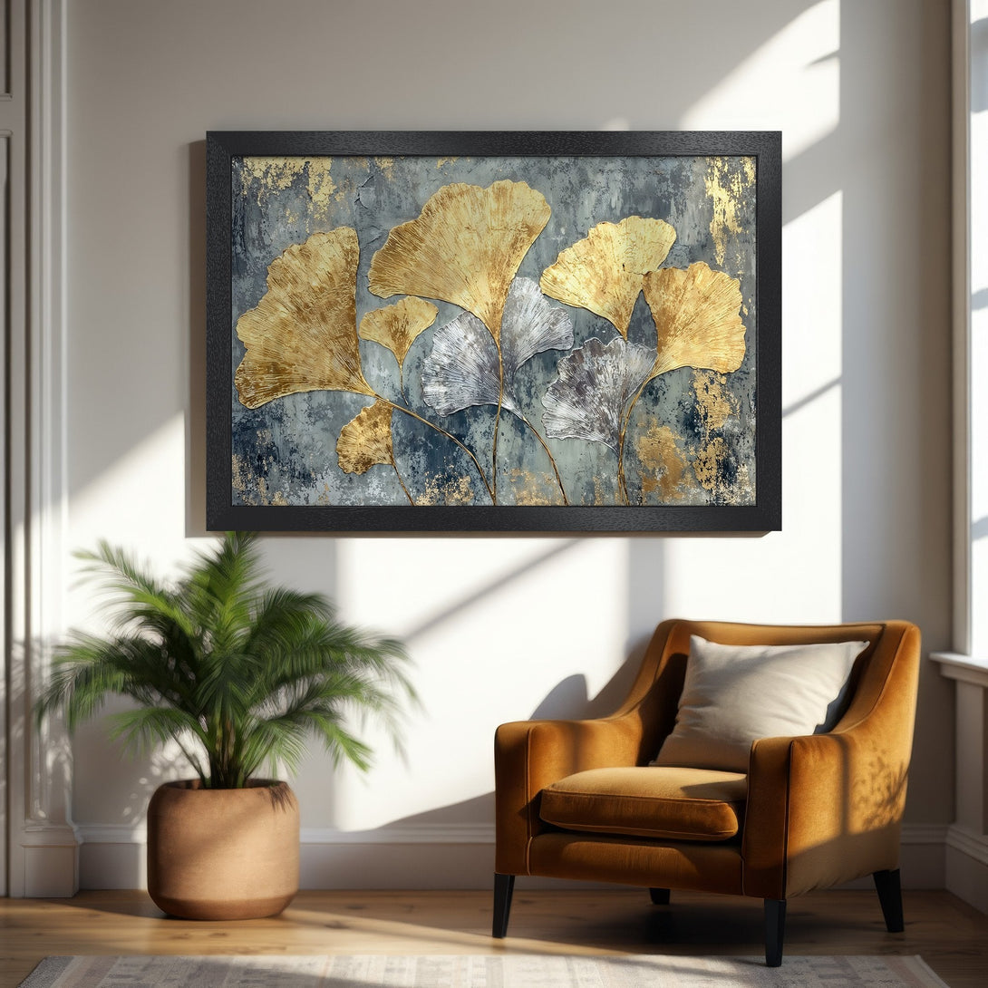 Framed Poster featuring gold leaf botanical art. Modern style with a gray, gold, and silver color palette. Elevate your space!
