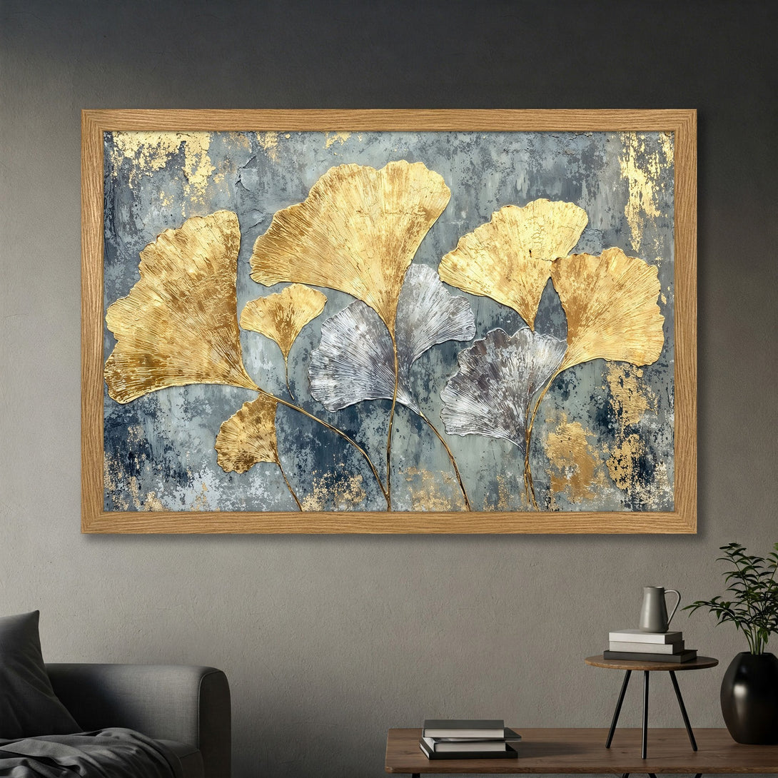 Framed Poster featuring gold leaf ginkgo leaves on a textured gray background. Modern art style. Elegant home decor.