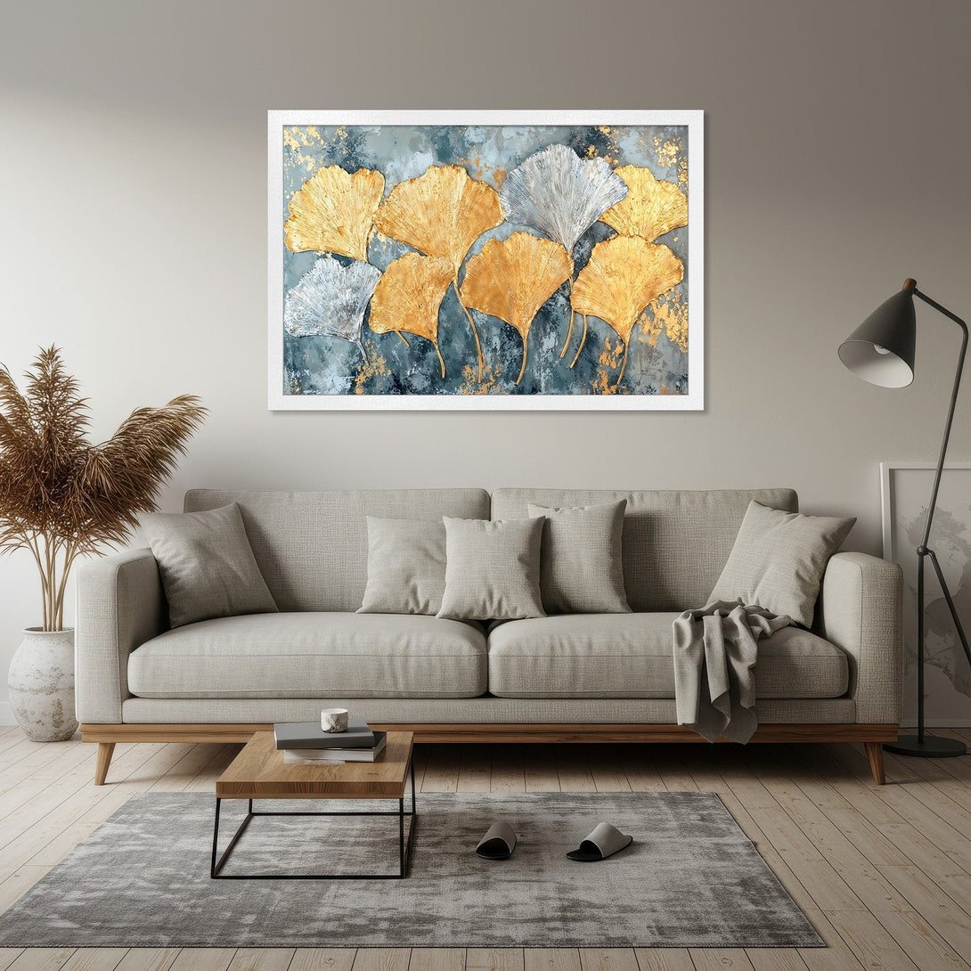 Framed Poster featuring gold and silver leaf design on a teal background. Modern art print for home decor.