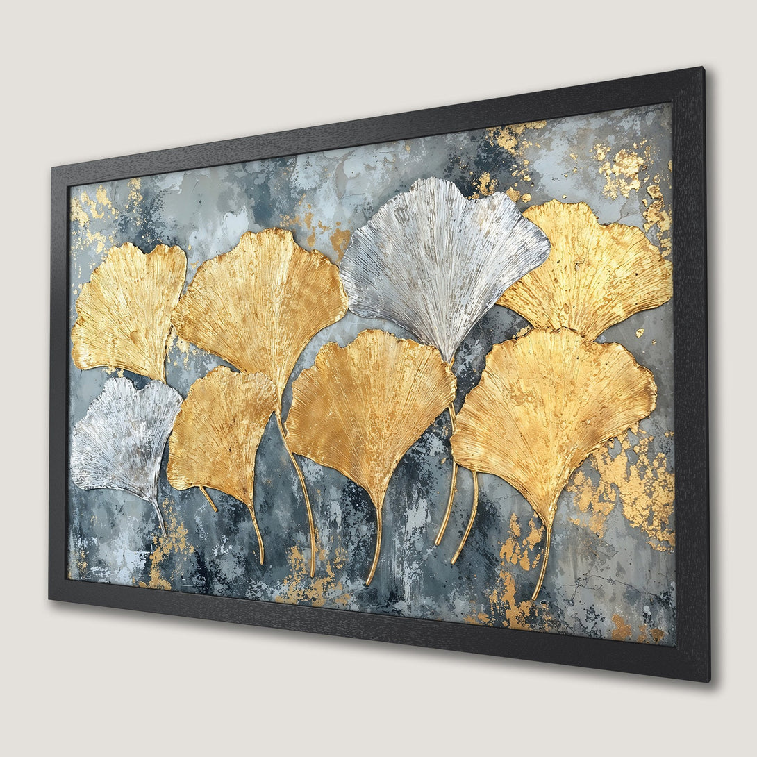 Framed Poster featuring gold and silver leaf art on a textured gray background. Modern style, elegant home decor.