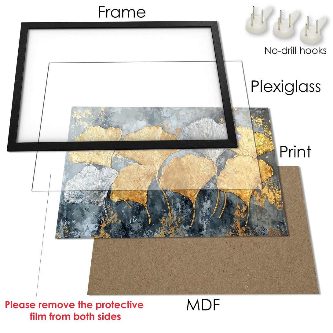 Framed Poster featuring gold and silver leaf art on a gray background. Modern style, perfect wall decor.