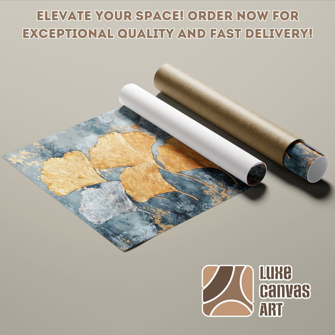 Abstract ginkgo leaf Poster Roll art with gold and blue tones. Elevate your space!