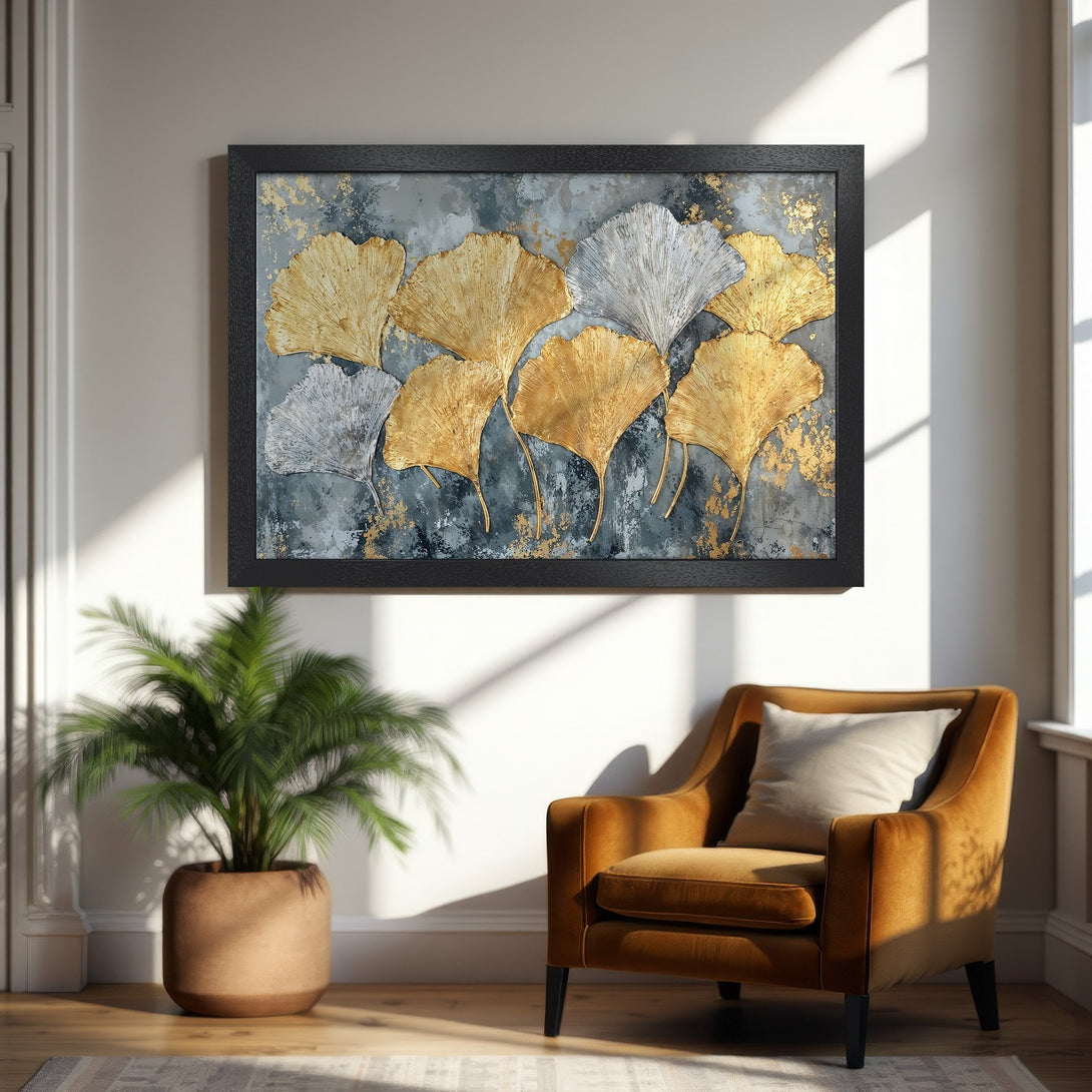 Framed Poster featuring gold and silver ginkgo leaves on a textured gray background. Modern art with a warm, luxurious color palette.