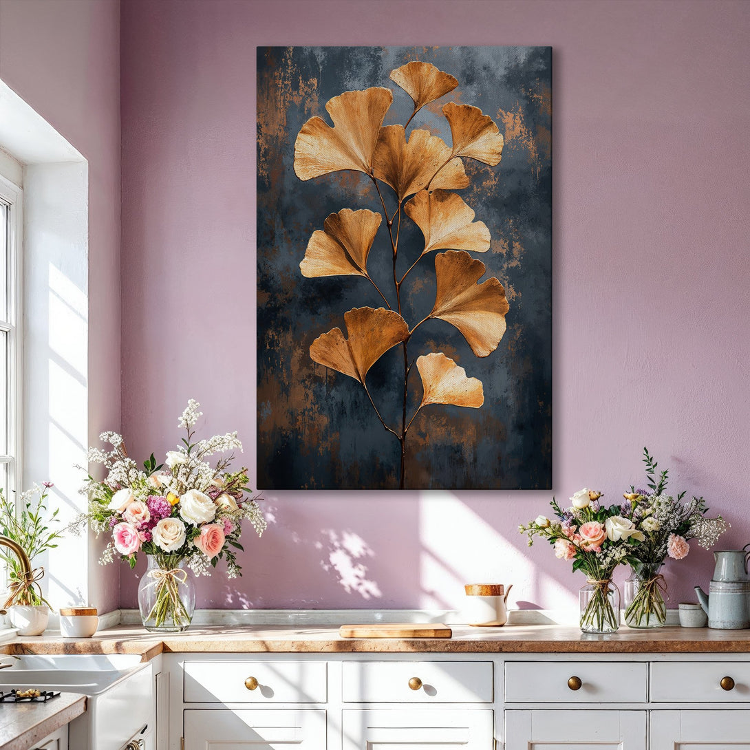 Framed Wall Art: Abstract gold ginkgo leaf design on a dark blue background. Modern art with a warm, inviting color palette for stylish home decor.