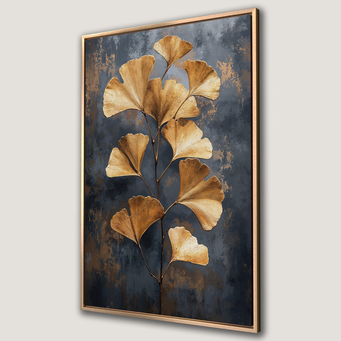 Framed Wall Art featuring elegant gold ginkgo leaves on a dark blue textured background. Adds a touch of modern sophistication to any space.