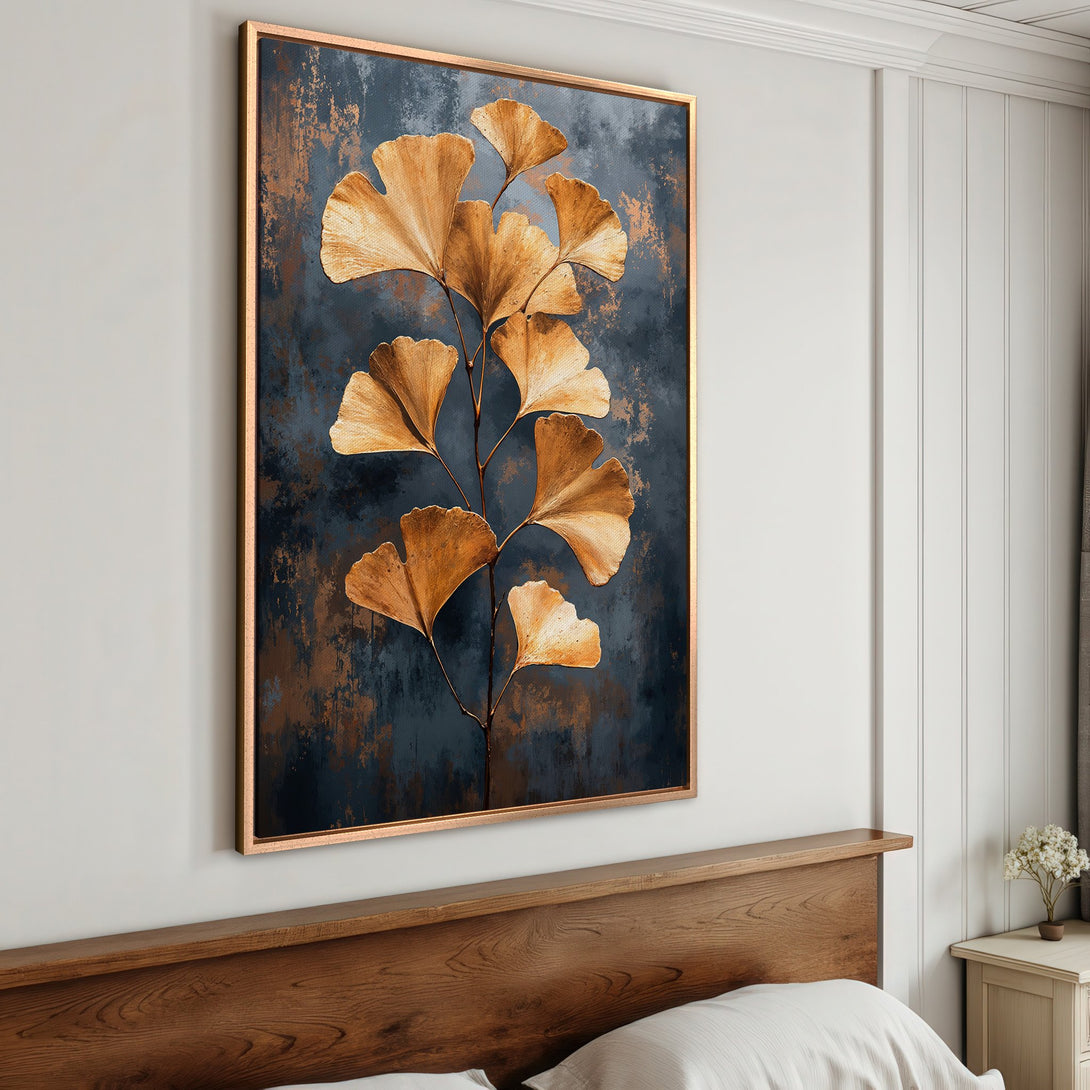 Framed Wall Art: Abstract ginkgo leaves in gold on a dark blue background. Modern canvas print with a warm, earthy color palette. Perfect for home decor.