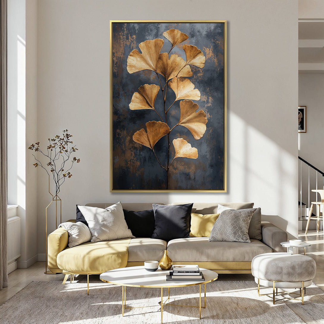 Canvas Print featuring golden ginkgo leaves on a dark, textured background. Adds a touch of elegance with warm, earthy tones to any space.