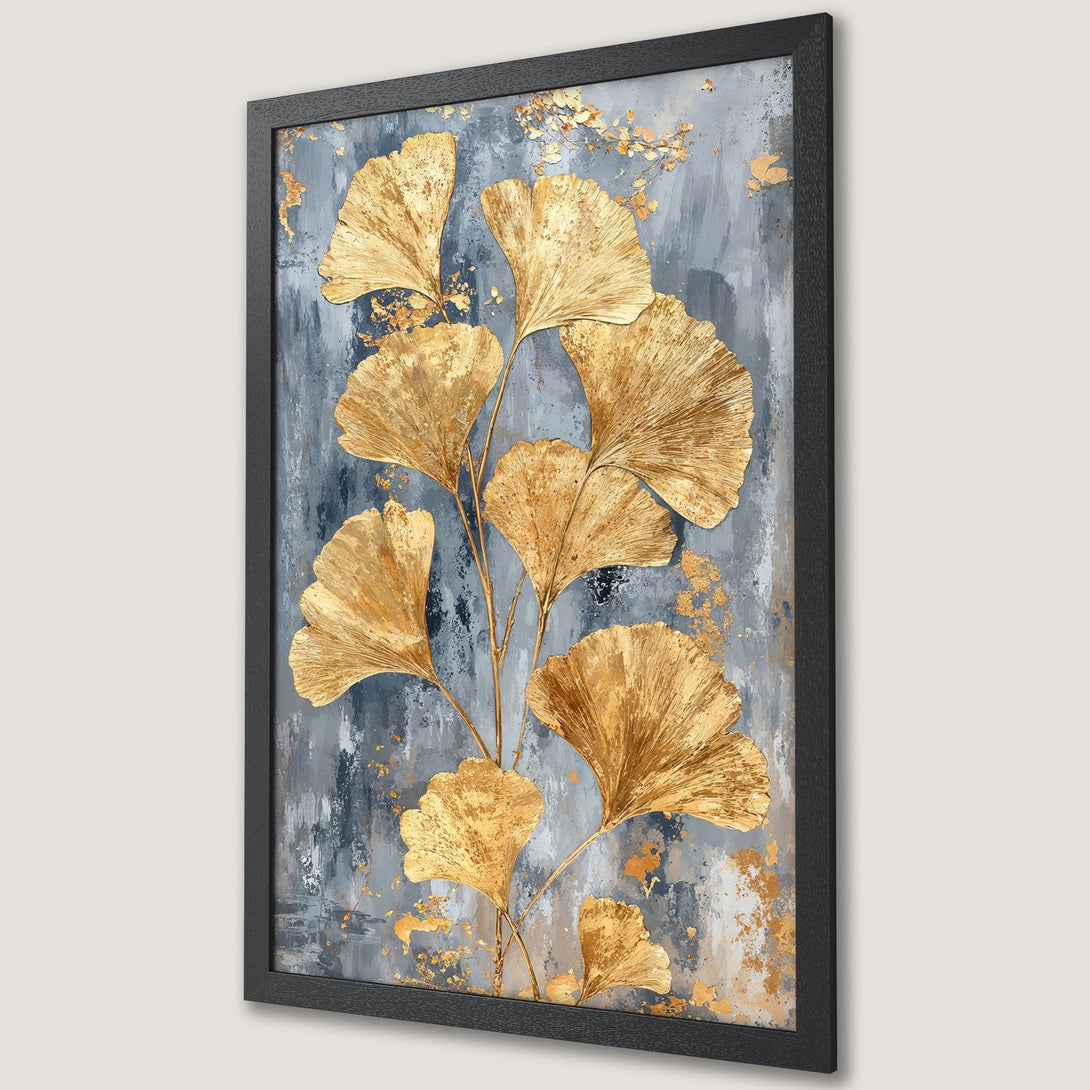 Framed Poster featuring gold ginkgo leaves on a textured gray & blue background. Modern art print with a luxurious gold color palette.