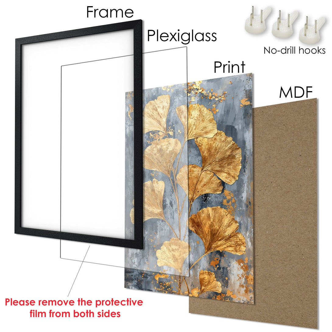 Framed Poster featuring gold leaf ginkgo art on a gray background. Modern style, elegant wall decor.