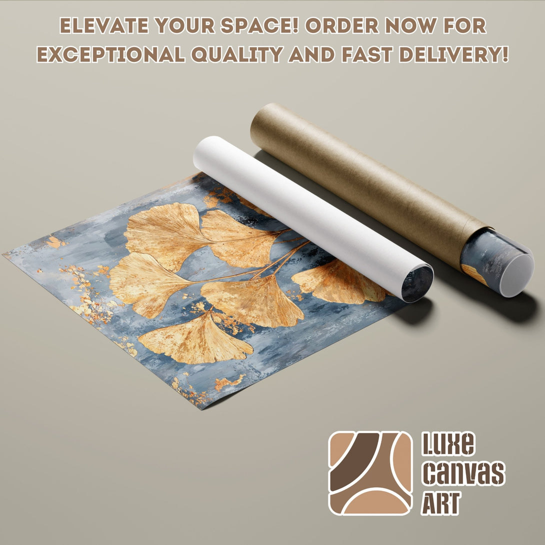 Abstract gold leaf Poster Roll on blue background. Modern art print, perfect for home decor.