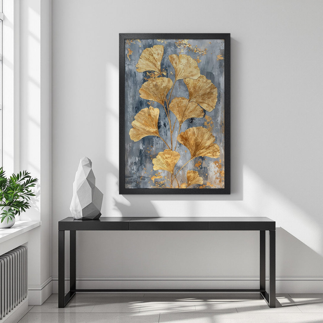 Framed Poster featuring golden ginkgo leaves on a textured gray background. Modern art style with a sophisticated gold and gray color palette.