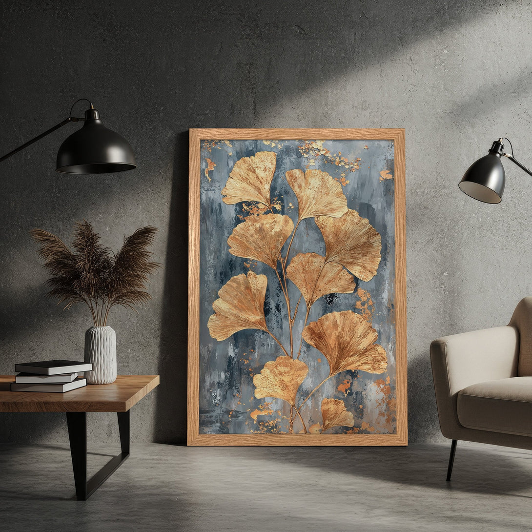 Framed Poster featuring gold ginkgo leaves on a textured blue background. Modern art print with a neutral color palette for home decor.
