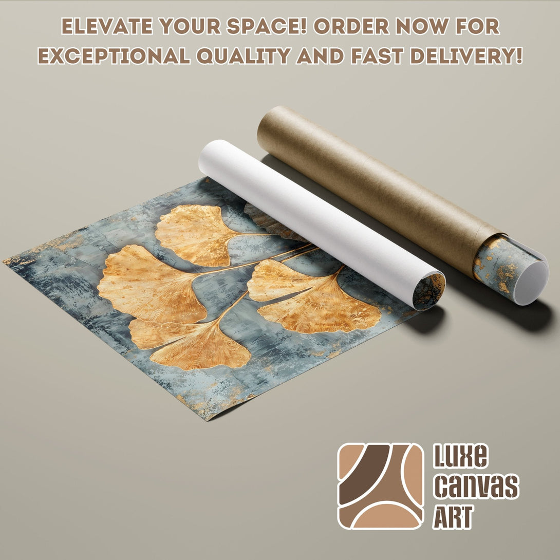 Ginkgo leaf Poster Roll art in gold and blue tones. Elevate your space!