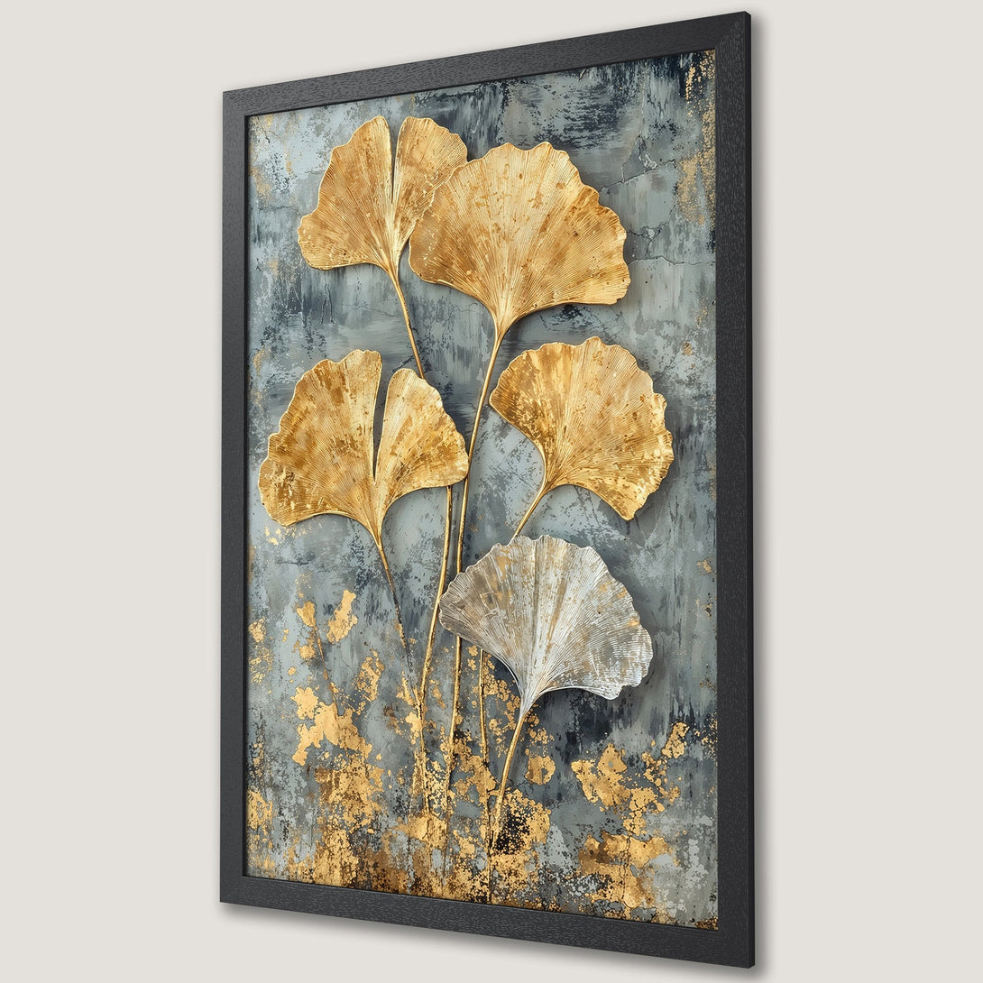 Framed Poster featuring gold ginkgo leaves on a textured gray background. Modern art style with a luxurious gold and gray color palette.