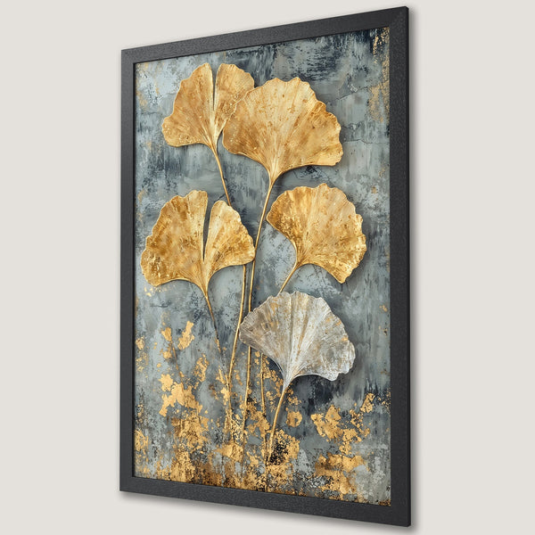 Framed Poster featuring gold ginkgo leaves on a textured gray background. Modern art style with a luxurious gold and gray color palette.