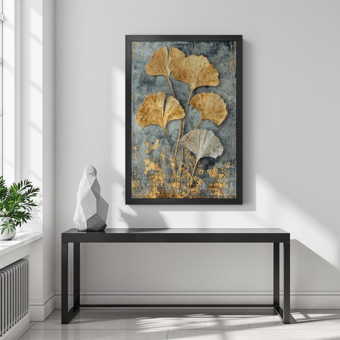 Framed Poster featuring gold ginkgo leaves on a textured gray background. Modern art style with a neutral, elegant color palette. Perfect wall decor!