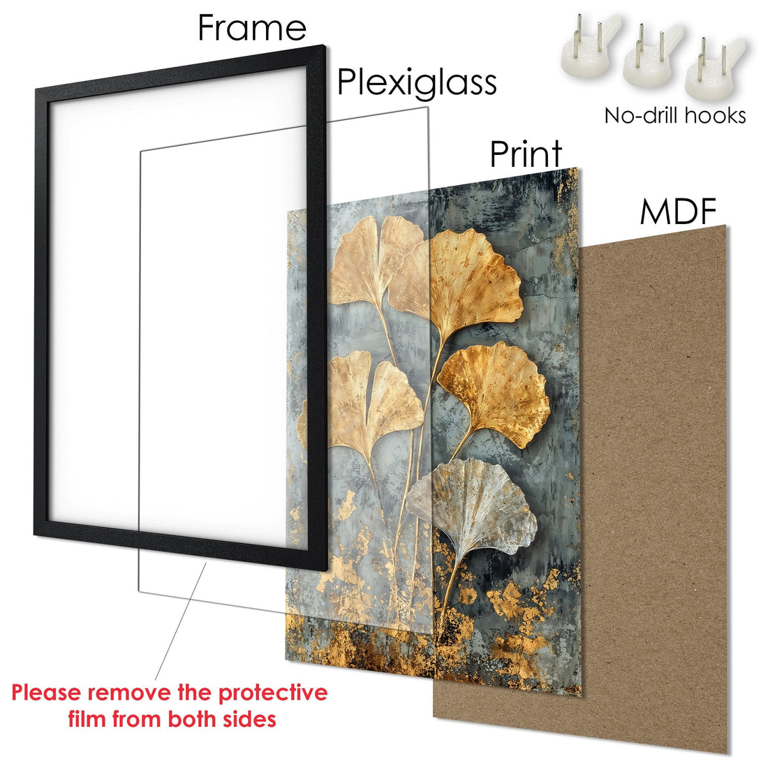 Framed Poster featuring gold leaf art on a gray background. Modern style, elegant decor, ready to hang.
