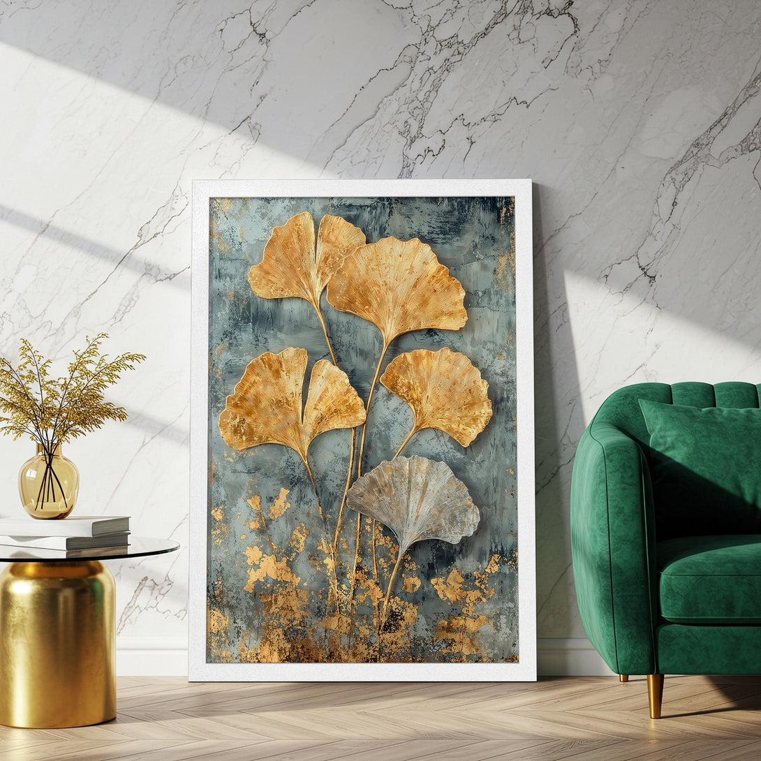 Framed Poster featuring gold ginkgo leaves on a teal background. Modern art print with gold and teal color palette, perfect for home decor.