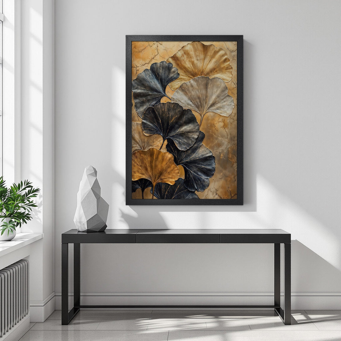 Framed Poster featuring abstract ginkgo leaves in gold, black, and gray tones. Modern wall art for your home.