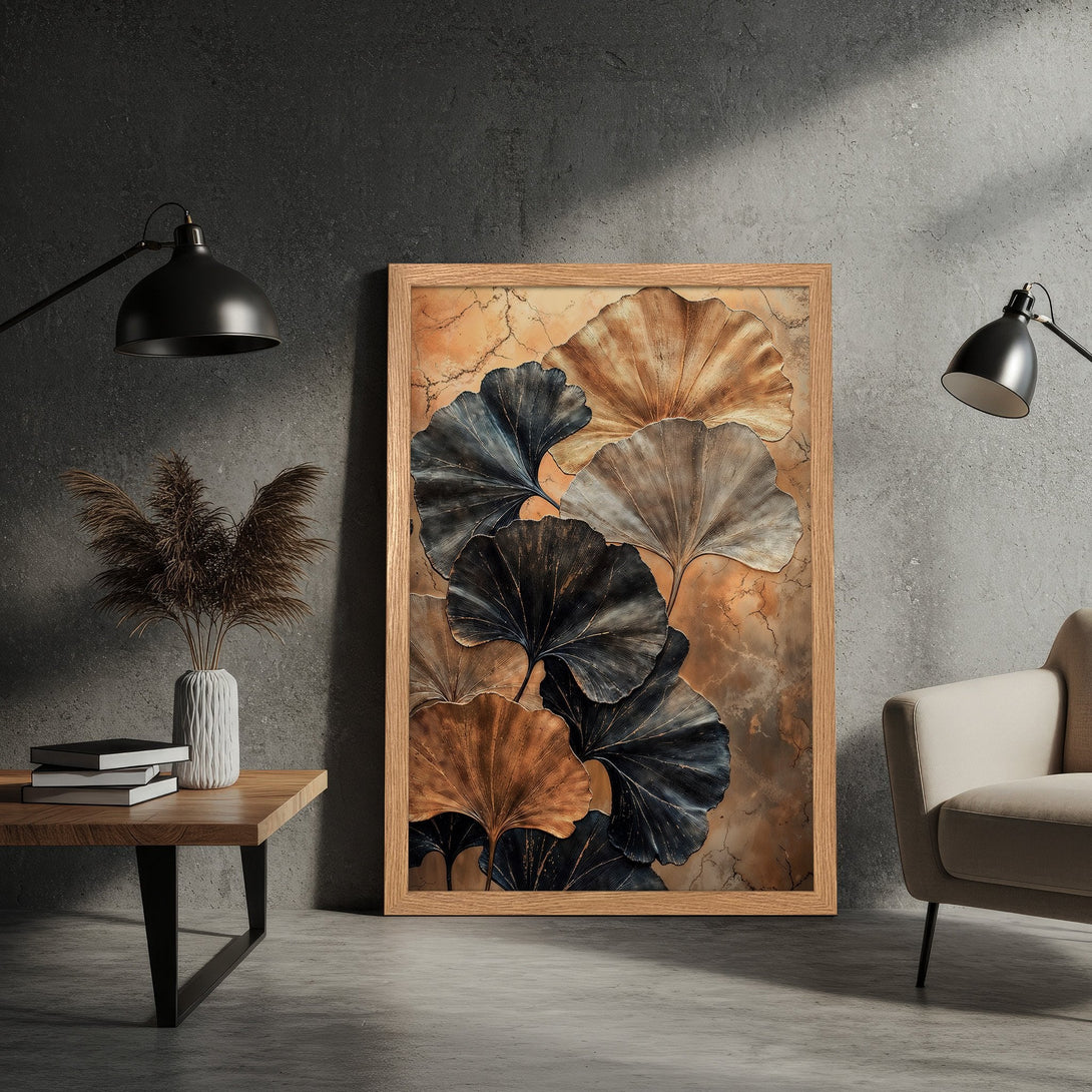 Framed Poster featuring abstract ginkgo leaves in a warm, earthy palette. Modern art print for stylish home decor.
