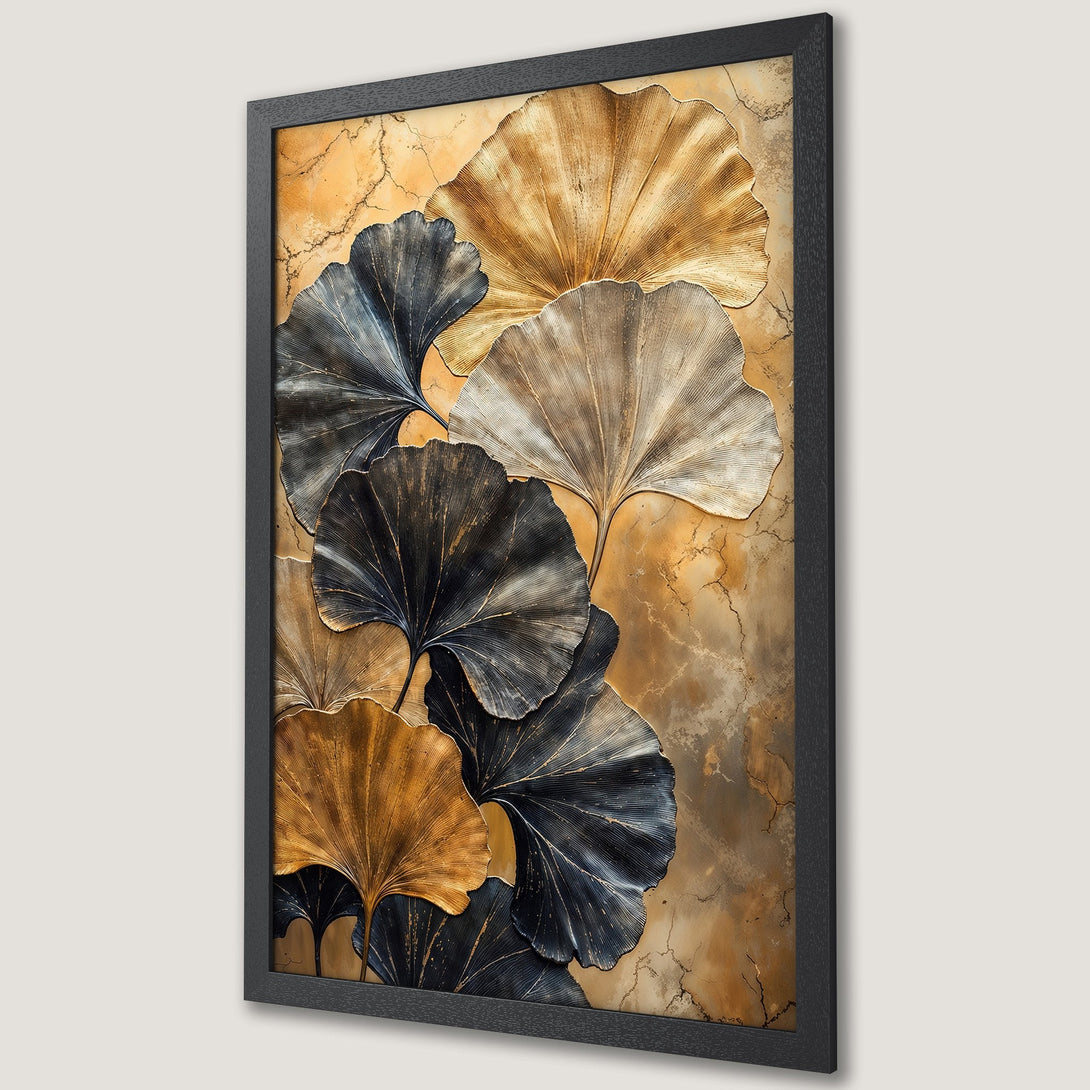 Framed Poster featuring stylized Ginkgo leaves in gold, black, and beige on a textured background. Modern art for your home.
