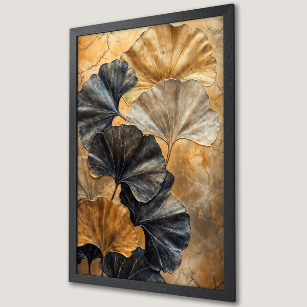 Framed Poster featuring stylized Ginkgo leaves in gold, black, and beige on a textured background. Modern art for your home.