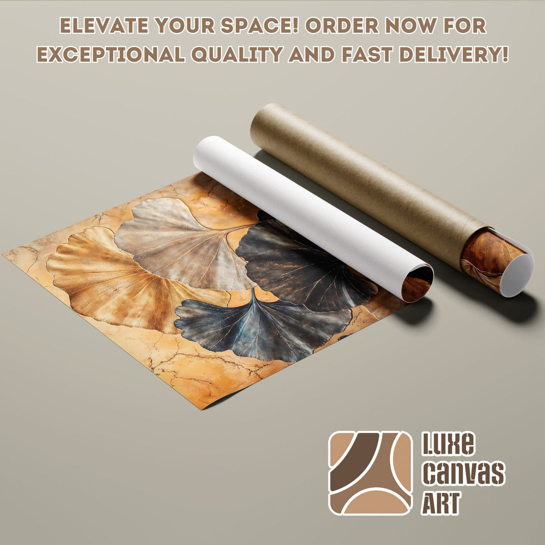 Poster Roll with Ginkgo Leaf Art, warm neutral tones, perfect for home decor.