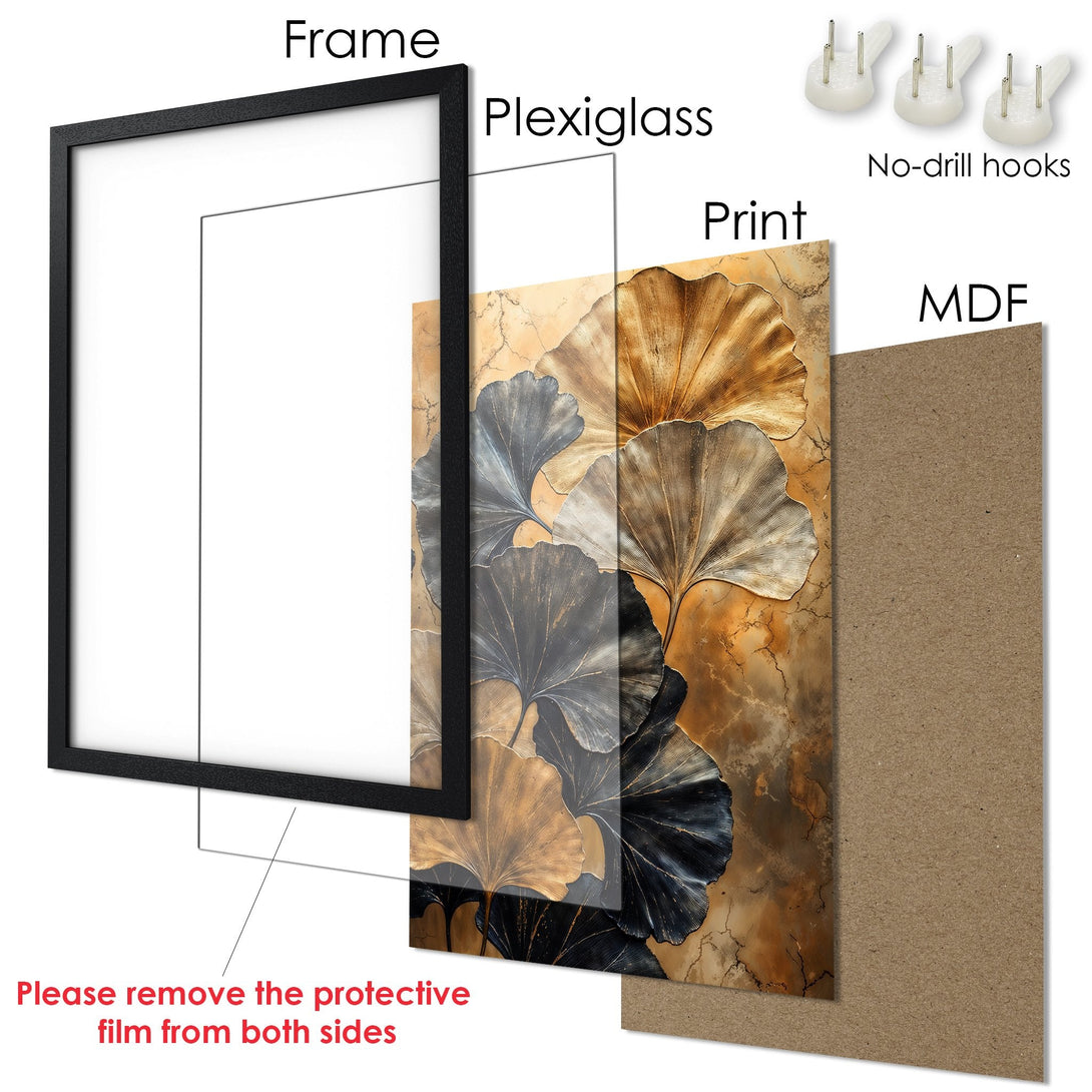 Framed Poster featuring botanical art in gold, black, and brown tones. Elegant wall art for your home.