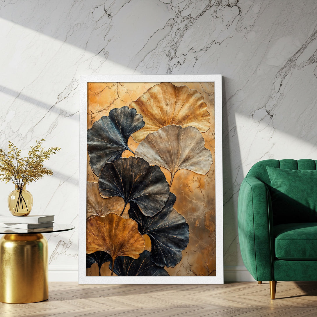 Framed Poster featuring abstract ginkgo leaves in gold, blue, and brown tones. Modern art print for stylish home decor.