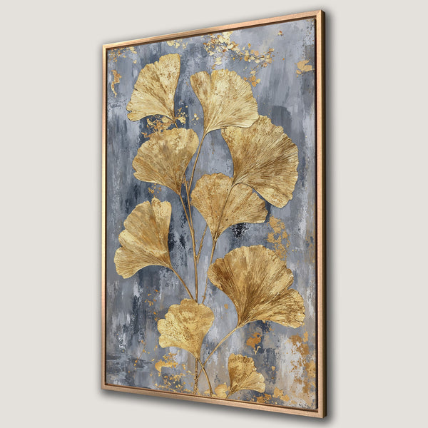 Framed Wall Art featuring gold ginkgo leaves on a gray and blue abstract background. Modern art canvas print perfect for home decor.