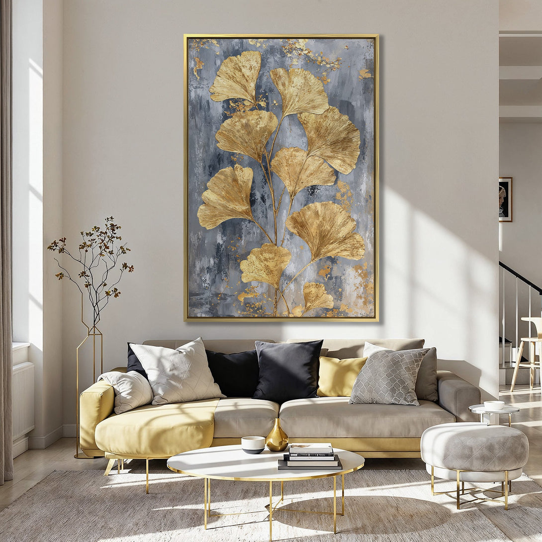 Canvas Print featuring gold ginkgo leaves on a textured gray background. Modern botanical wall art with a blush and gold color palette for elegant decor.