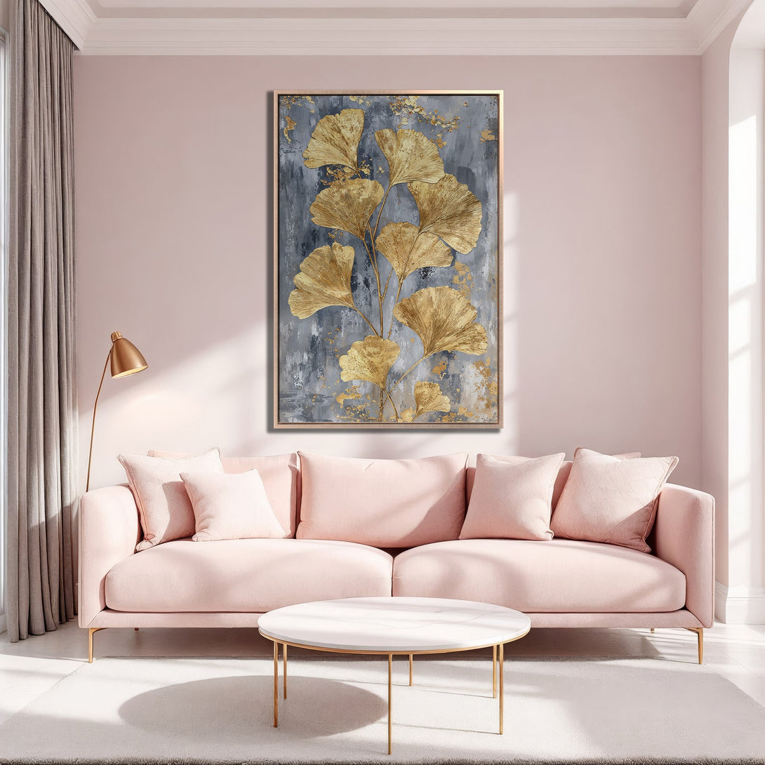 Framed Wall Art. Gold leaf ginkgo art print in a modern interior. Features a gold, gray, and blush pink color palette. Elevate your home decor!