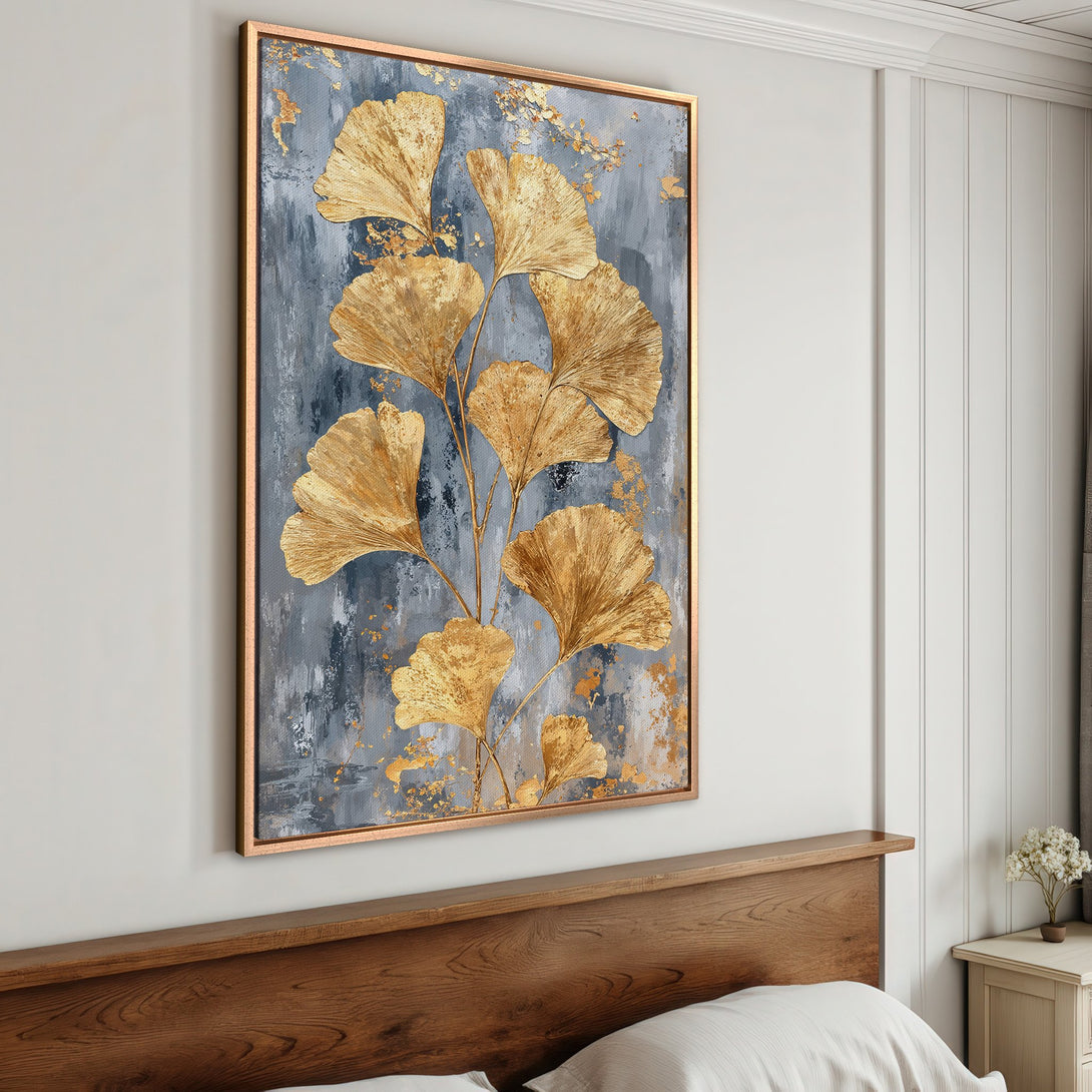 Framed Wall Art: Gold ginkgo leaf painting on a gray and blue abstract background. Modern botanical art for bedroom decor.