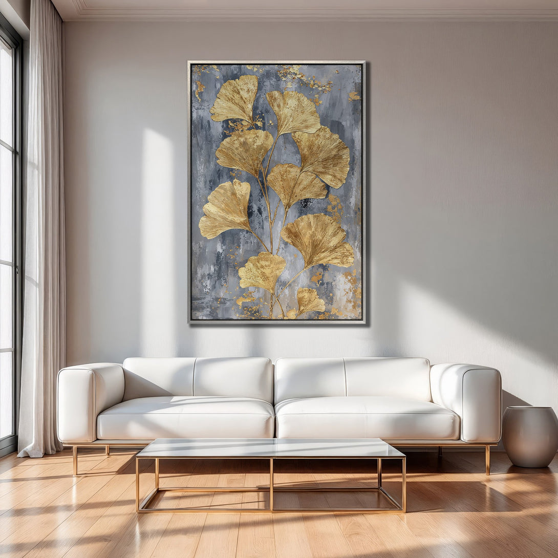 Framed Wall Art: Gold leaf ginkgo on gray abstract background. Modern art canvas print adds elegance to any interior. Shop now!