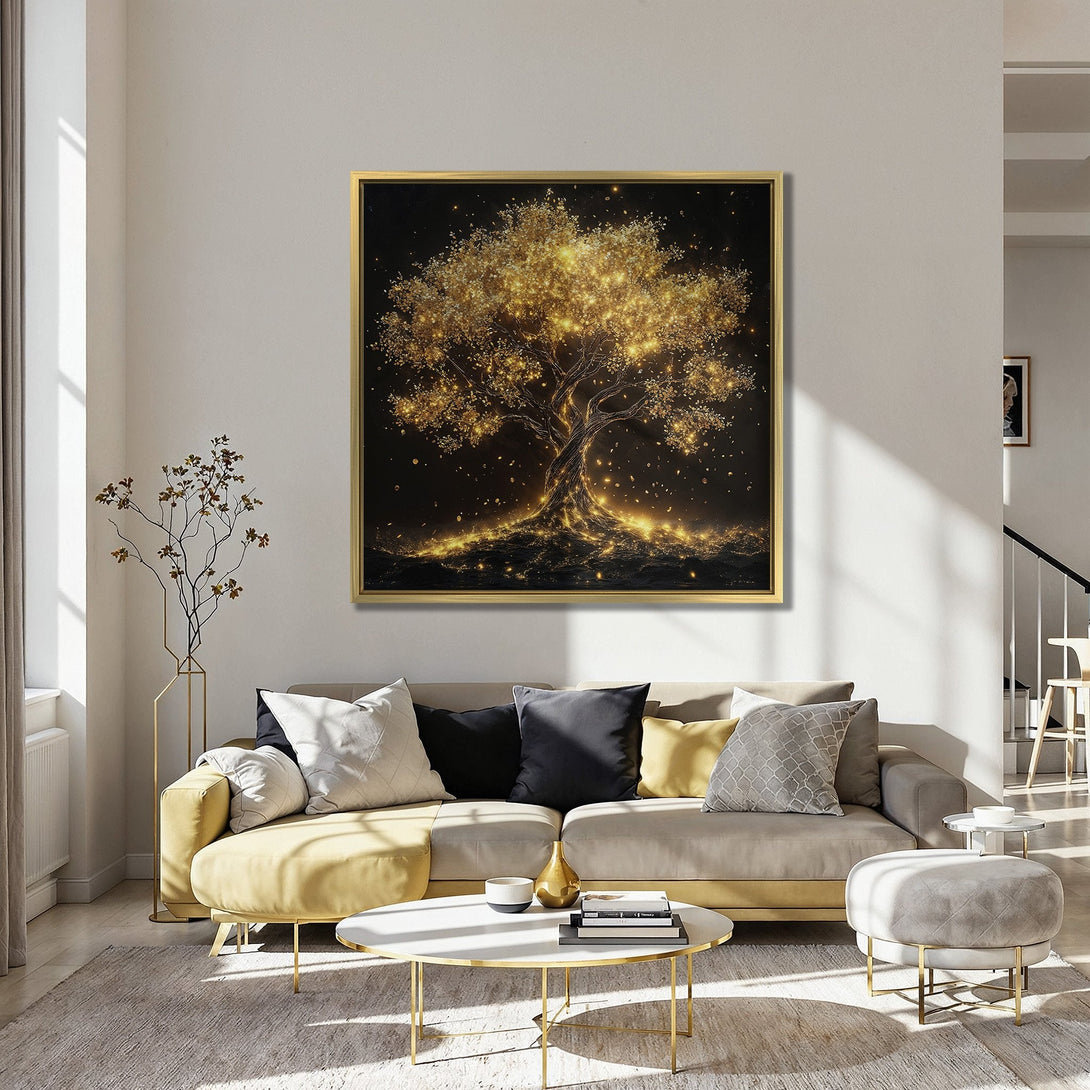 Canvas Print featuring a glowing golden tree against a dark background. Modern art with a warm, inviting color palette. Perfect for living room decor.
