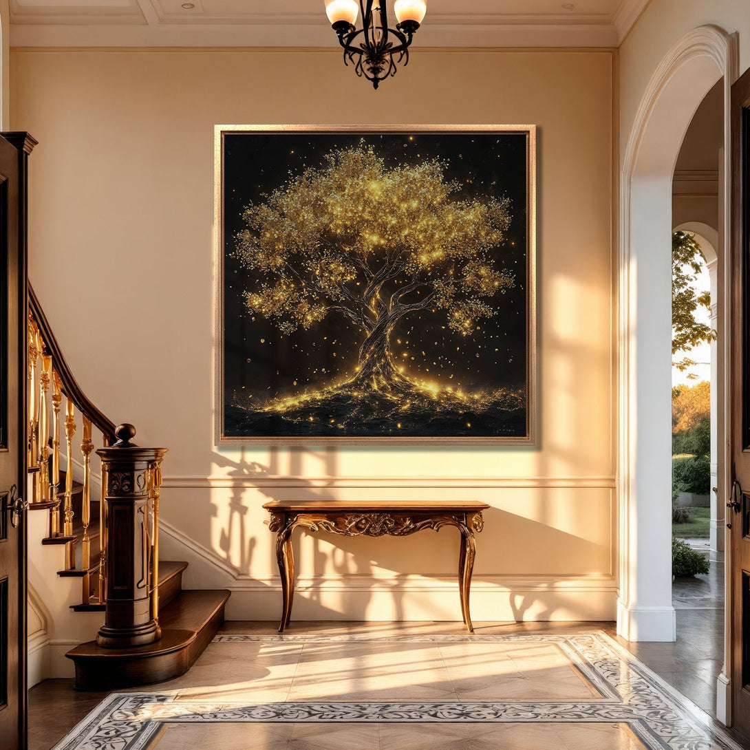 Framed Wall Art: Golden tree art print in a luxurious interior. Black, gold, and beige color palette. Modern, elegant home decor.