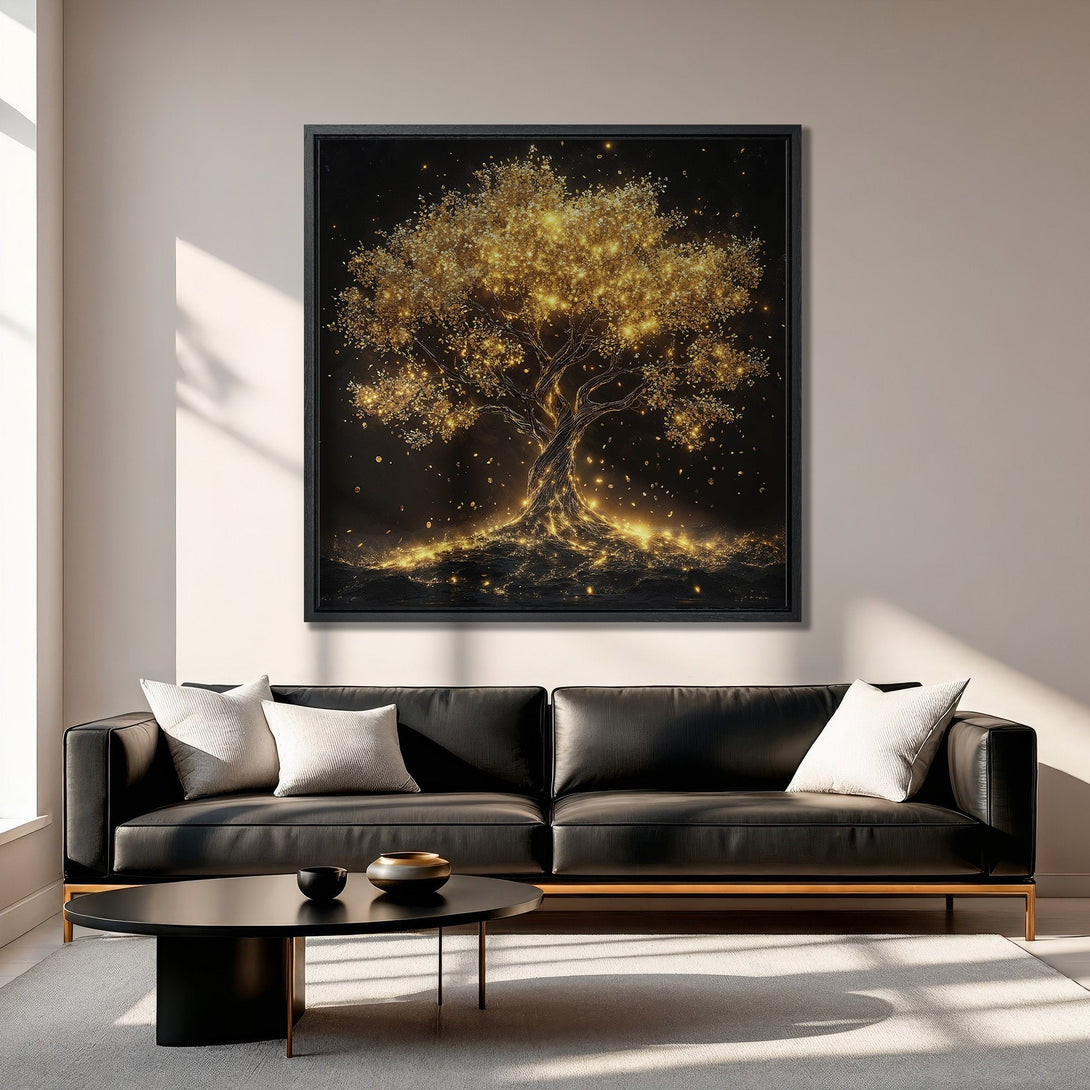 Framed Wall Art: Golden tree art print. Modern abstract canvas art with a black and gold color palette. Perfect for living room decor.