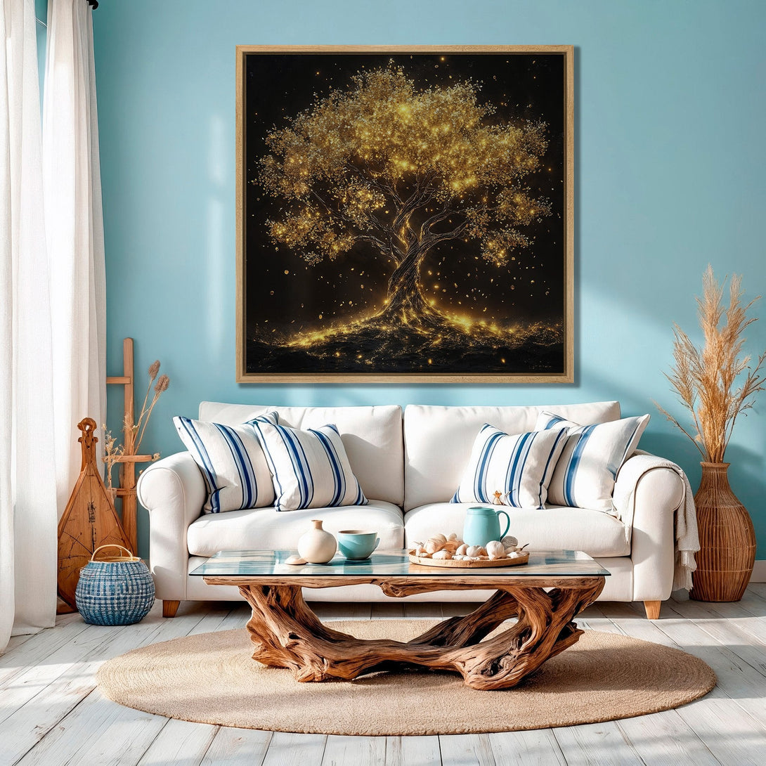 Framed Wall Art: Golden tree artwork in a modern living room. Warm gold and black color palette. Adds a touch of elegance to any space.