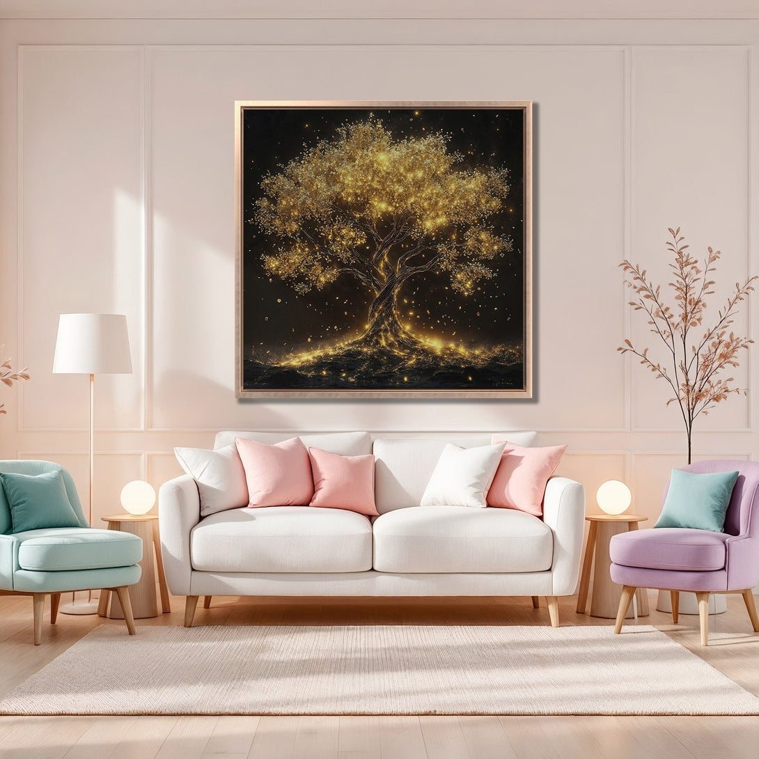 Framed Wall Art: Stunning golden tree art print in a modern interior. Warm, inviting color palette with pops of pastel pink and teal. Elevate your space!