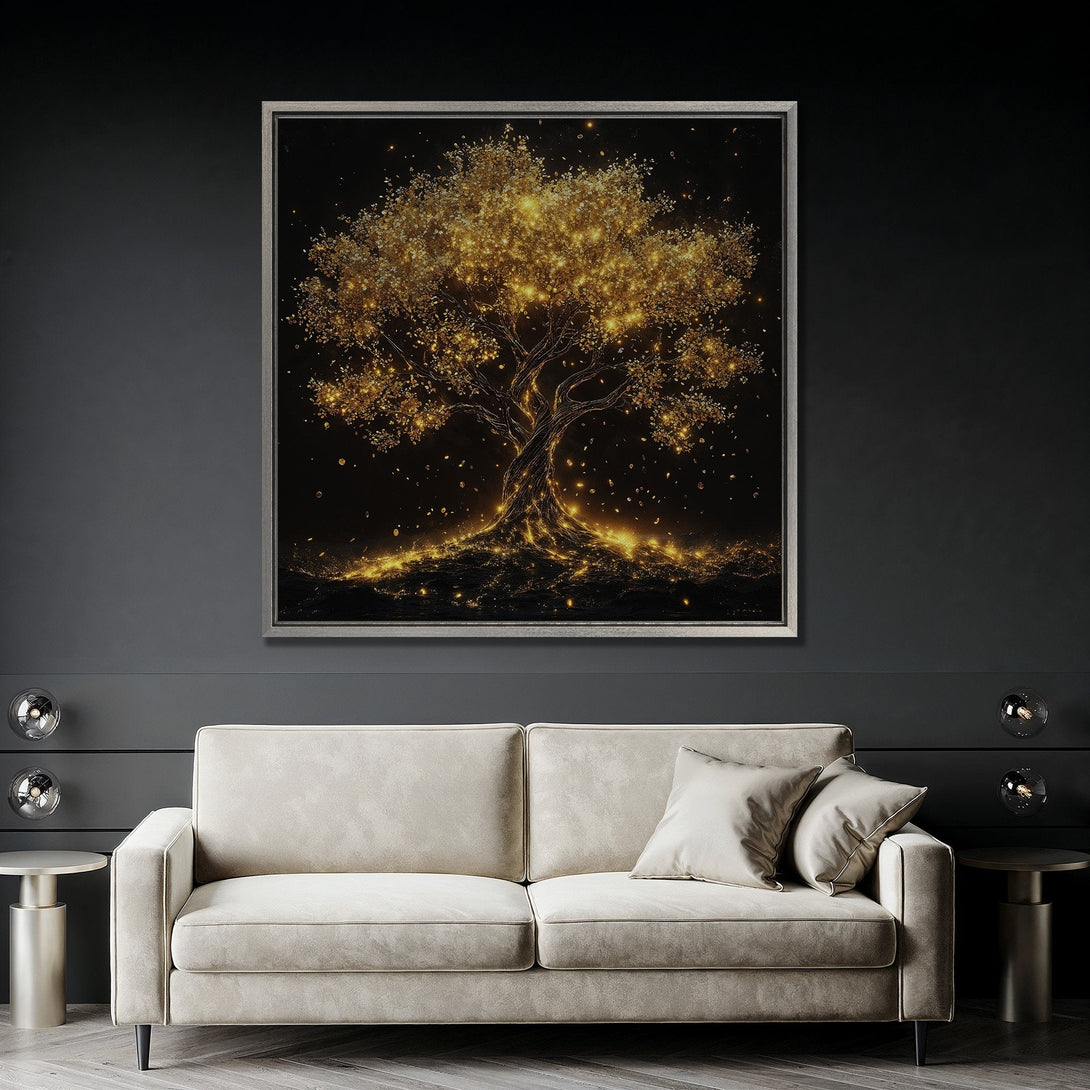Framed Wall Art featuring a glowing golden tree against a dark backdrop. Modern art with a luxurious, warm color palette. Perfect for home decor.