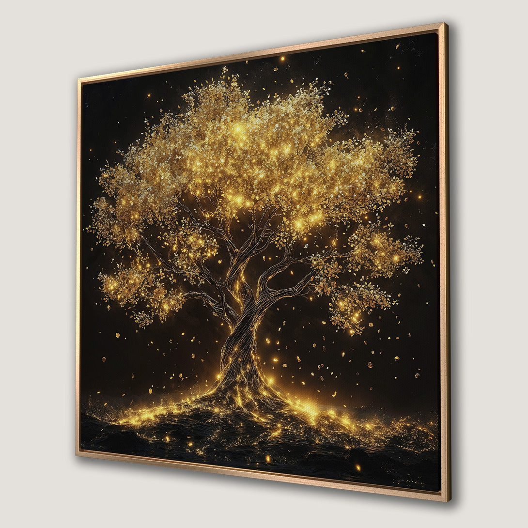 Framed Wall Art: Golden tree art print on black background. Elegant, modern style with gold and black color palette. Perfect statement piece for any room.