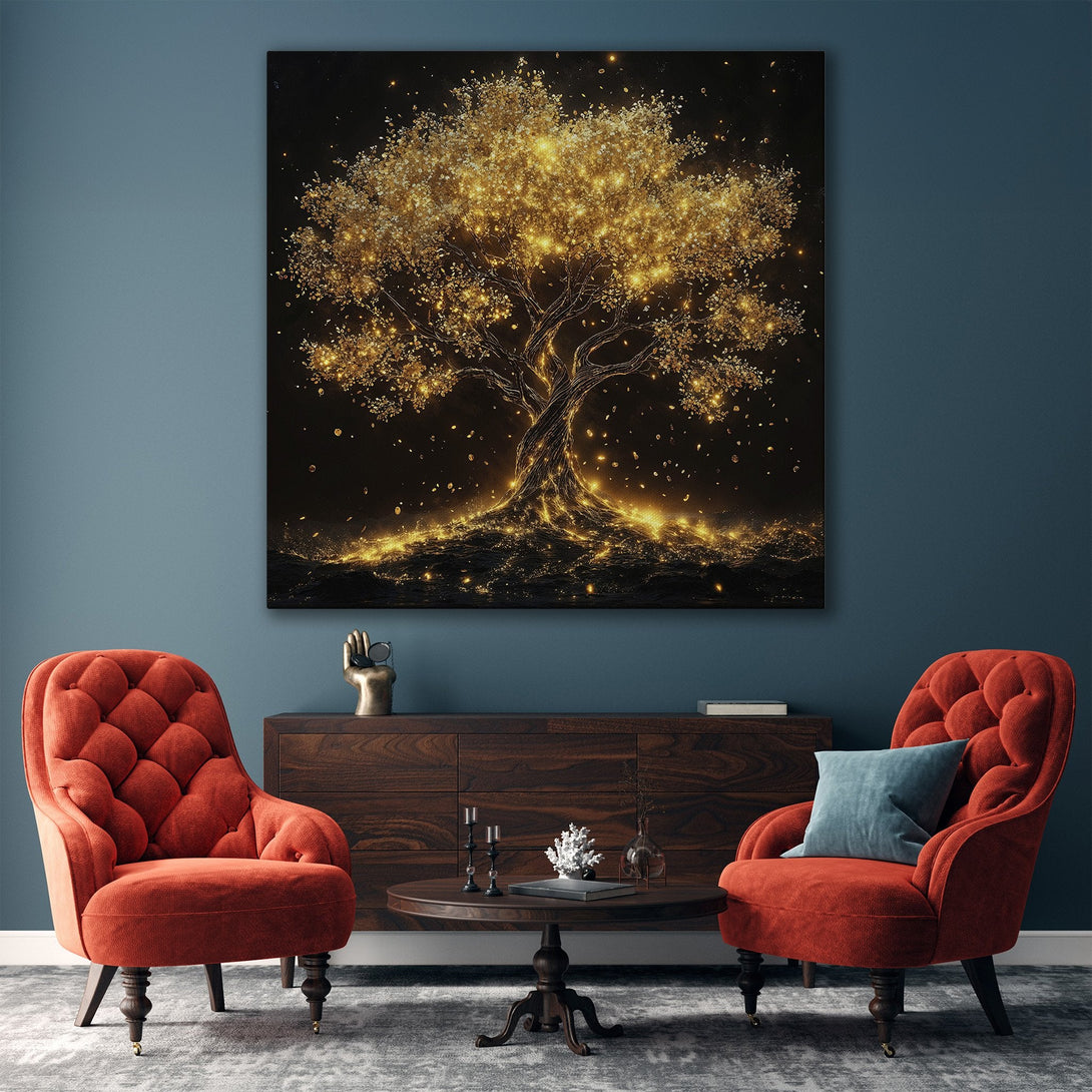 Framed Wall Art featuring a glowing golden tree on a black background. Modern art piece in a warm, inviting interior. Enhance your home decor today!