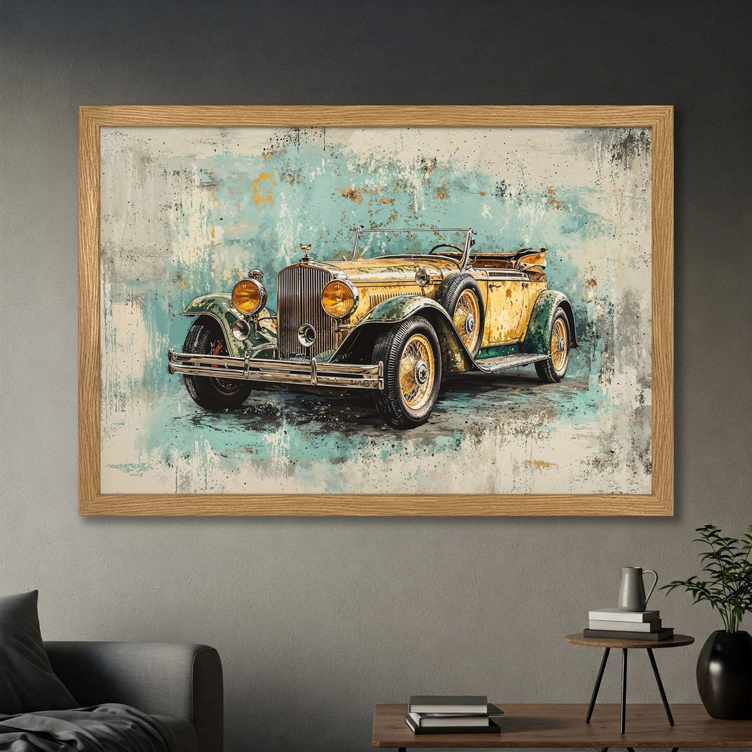 Framed Poster featuring a vintage car in an abstract style with a teal, yellow, and green color palette. Perfect wall art!