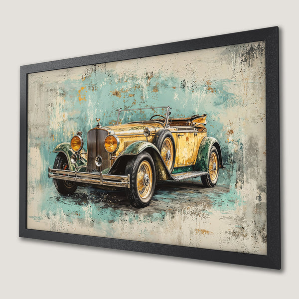 Framed Poster of vintage car art, featuring a yellow and green classic car on a teal and beige background.